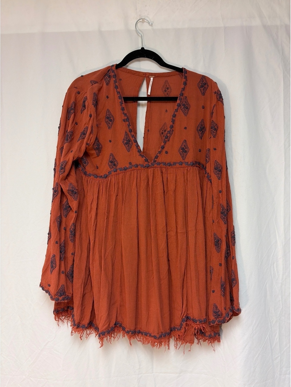 Free People Bohemian Rust Orange Embroidered Tunic Top Size S
